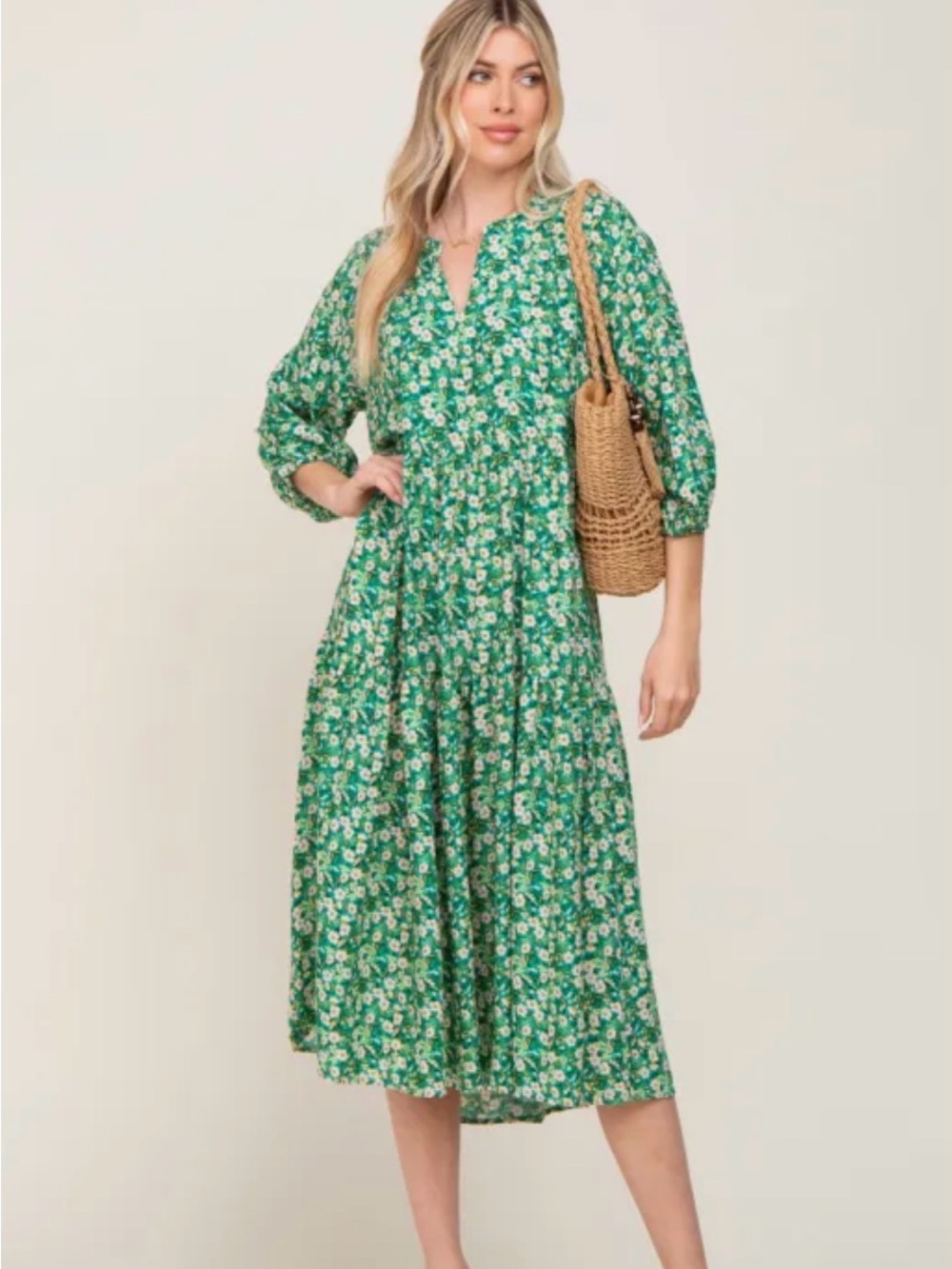 Pink Lily Maternity | Green Floral Midi Dress V-Neck